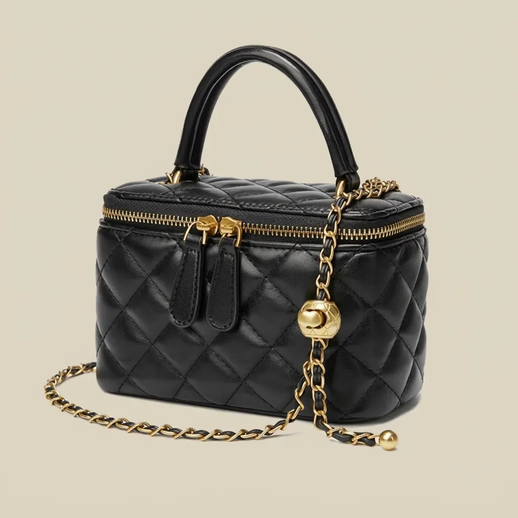 Mini Vanity Case Bag Quilted Faux Leather Adjustable Golden Ball Chain Strap Top Handle Box Purse Crossbody For Women