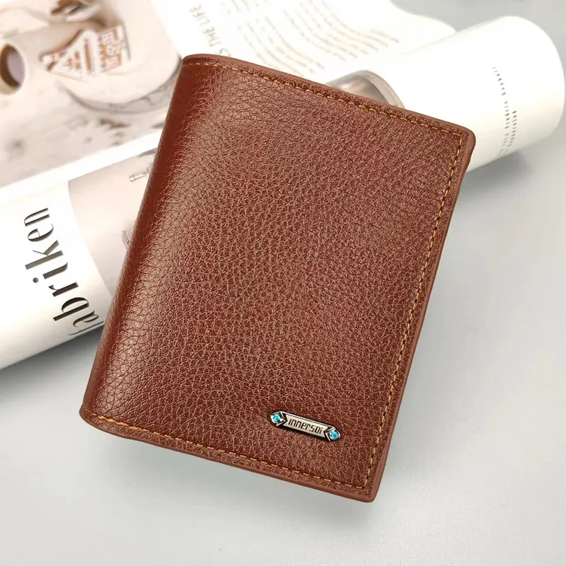 Cartera Hombre Bifold Corta Patrón Lichi Cuero PU Multi Ranuras Tarjetas Ventana ID Business Casual Vertical Purse