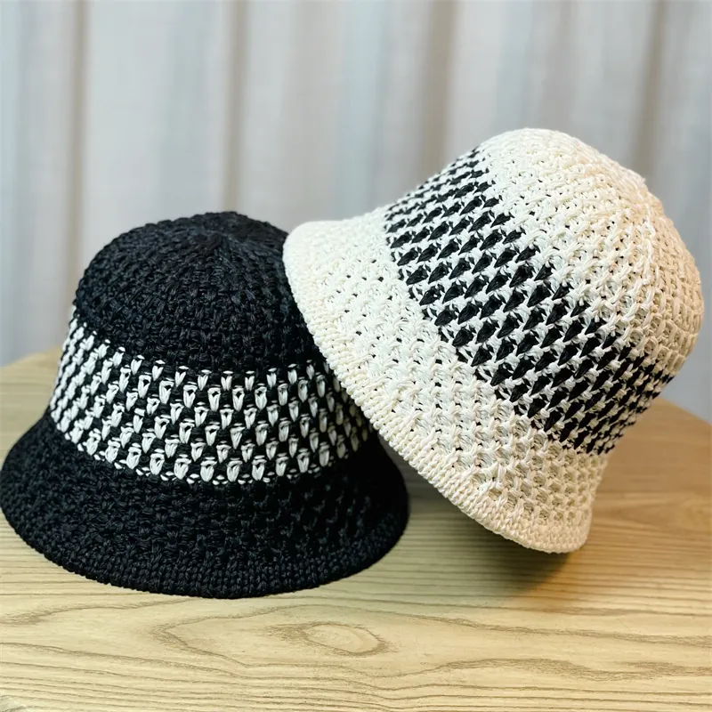 Crochet Woven Bucket Hat Breathable Hollow Out Straw Sun Protection Summer Beach Vacation Elegant Foldable Women Hat
