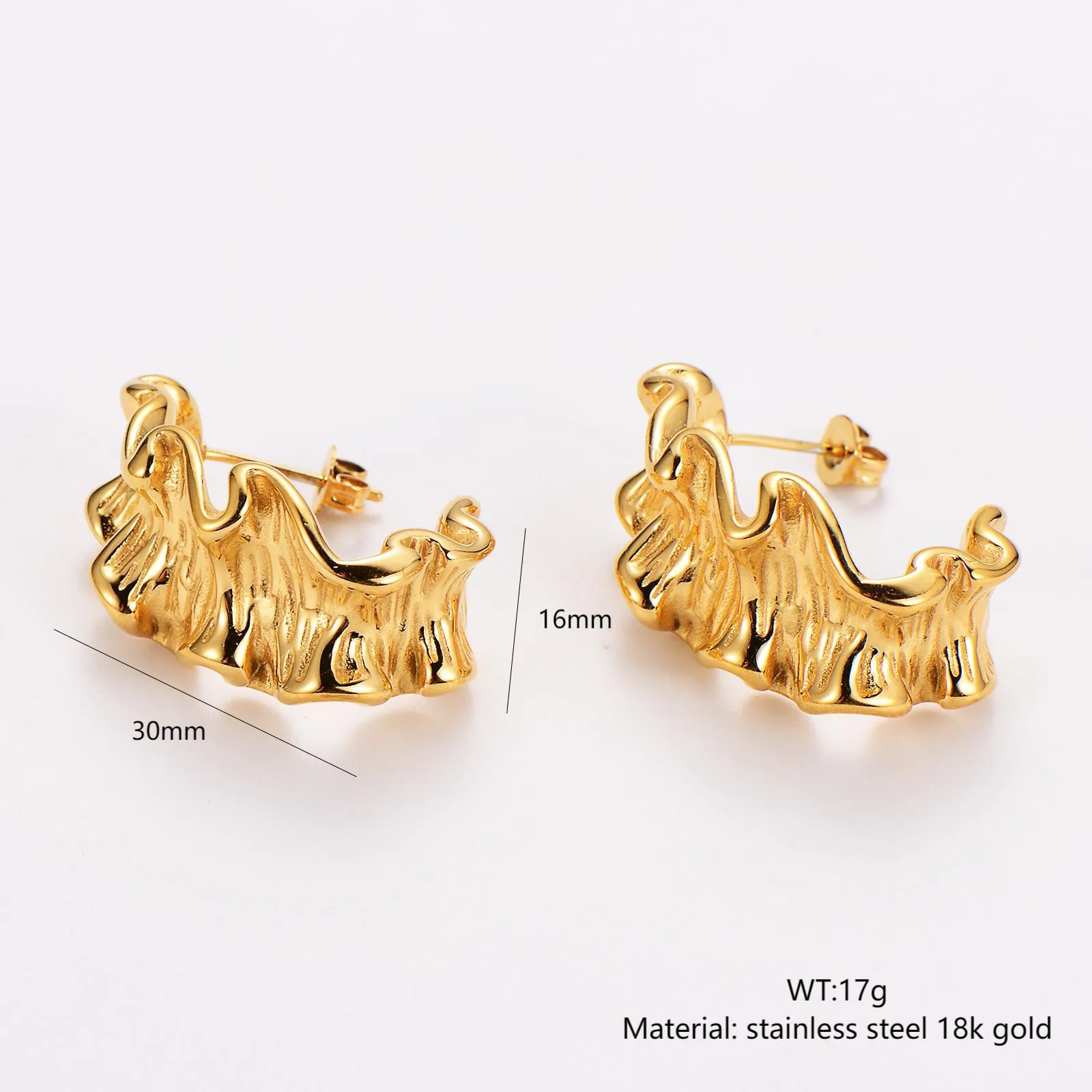 Elegant Wave Pleated Hoop Earrings 18K Gold Plated 304 Stainless Steel Irregular Texture Fashion Jewelry For Women