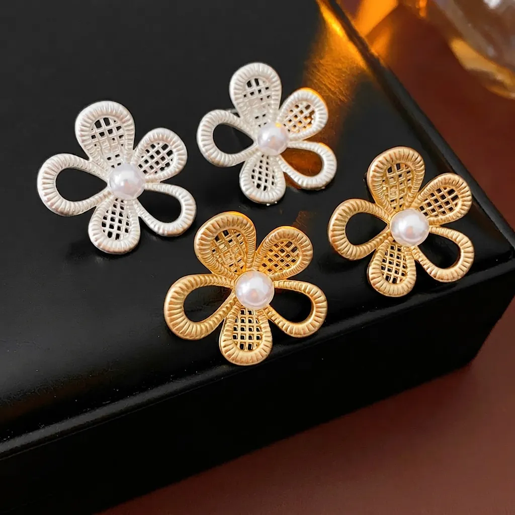 Boucles Oreilles Puces Fleur Künstliche Perle Alliage Maille Bijoux Floraux Avec Tige En Argent Élégant Vintage Femmes