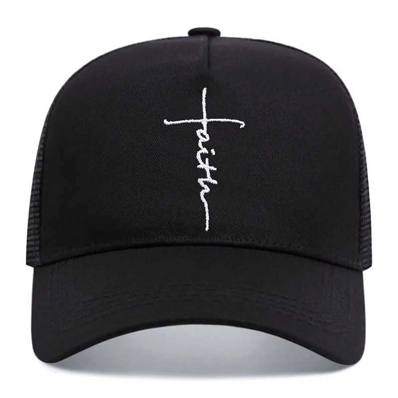 Faith Cross Embroidery Baseball Cap For Men Women Summer Breathable Mesh Trucker Hat Outdoor Sports Sun Protection Adjustable Cap