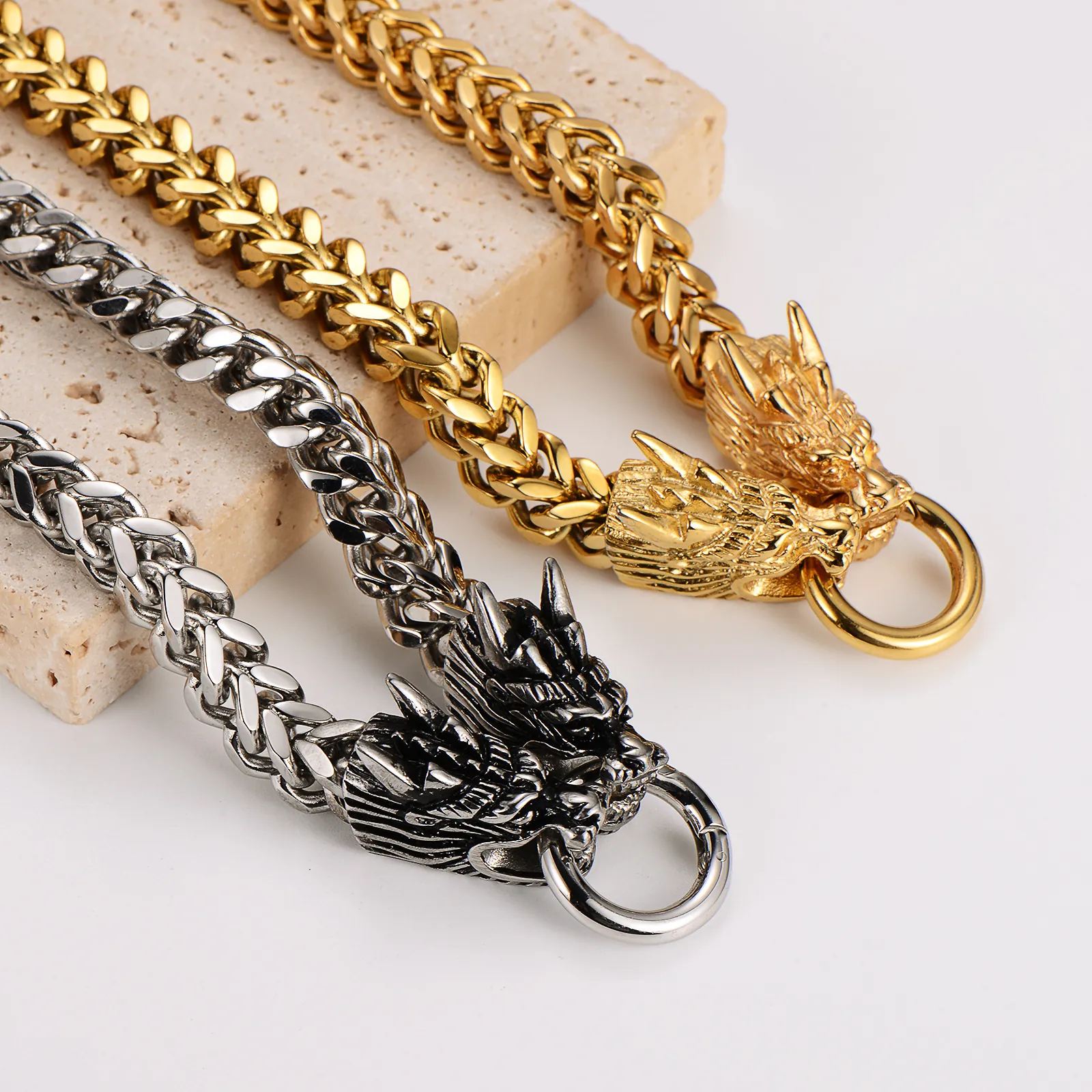 Dual Dragon Head Necklace Stainless Steel Franco Chain Gold Plated Hip Hop Punk Style For Men Bold Heavy Viking Jewelry