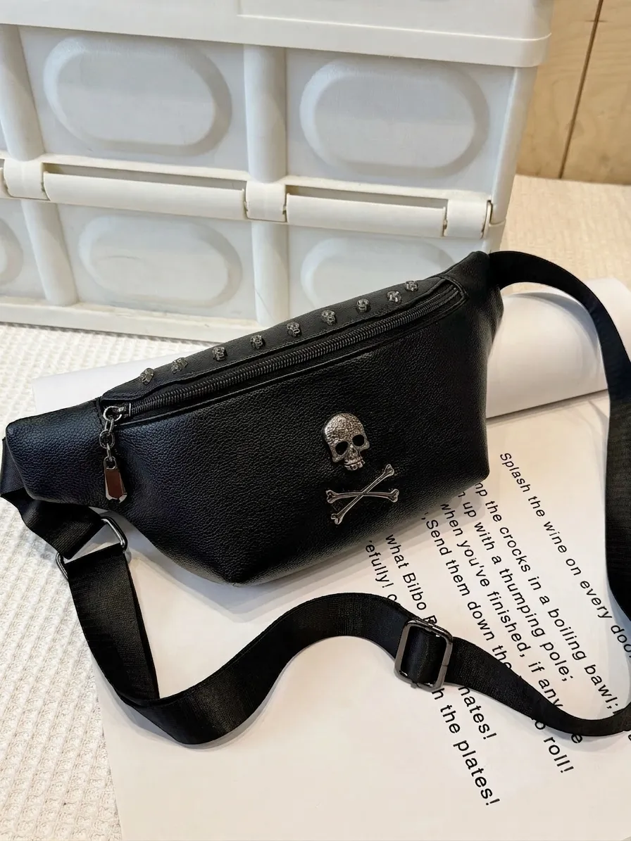 Punk Skull Crossbones Waist Bag Litchi Grain PU Leather Fanny Pack Rivet Chest Bag For Women Streetwear Crossbody
