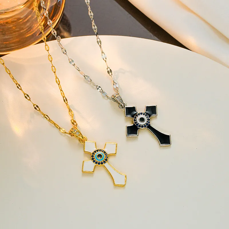 Titanstahl Kreuz Anhänger Halskette Für Damen Emaille Böser Blick Strass Schlüsselbeinkette Hip Hop Vintage Mode Schmuck