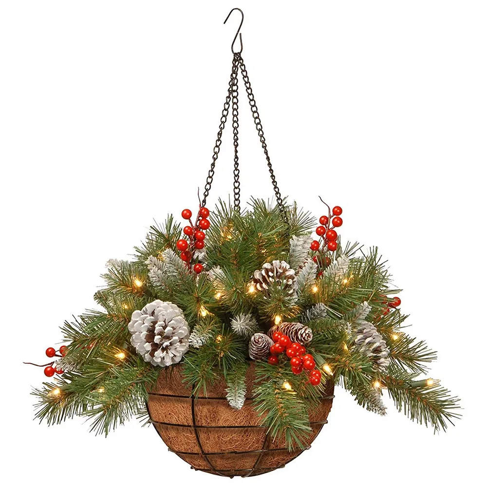 Panier Suspendu De Noël Artificiel Avec Lumières LED Aiguilles De Pin Baies Rouges Et Pommes De Pin Pour Décoration Maison