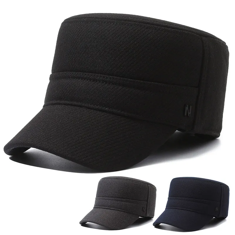 Winter Cadet Cap Herren Warm Fleece Gefüttert Wolle Flache Mütze Mit Ohrenklappen Winddicht Militär Verstellbar