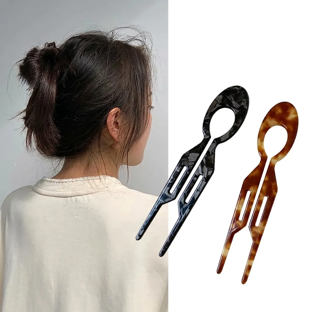 U Shaped Hair Sticks Acetate Fiber Hairpin Tortoise Shell Marble Pattern Simple Geometric Fork For Women Hair Styling