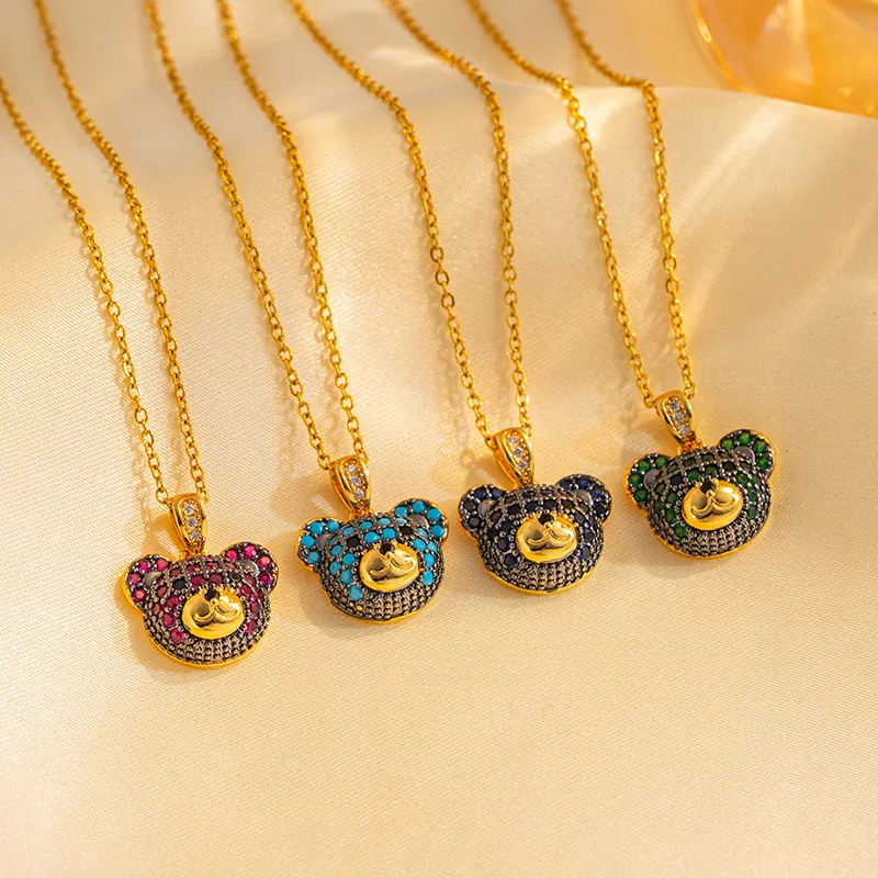 Collier Pendentif Ours Mignon Plaqué Or 18K Acier Titane Zircon Étincelant Bijoux Mode Animal Pour Femmes