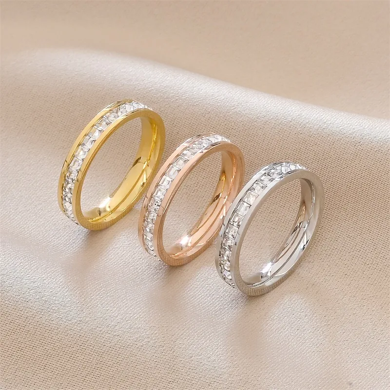 Square Cut Cubic Zirconia Eternity Ring Stainless Steel 18K Gold Plated Sparkly Trendy Band For Women