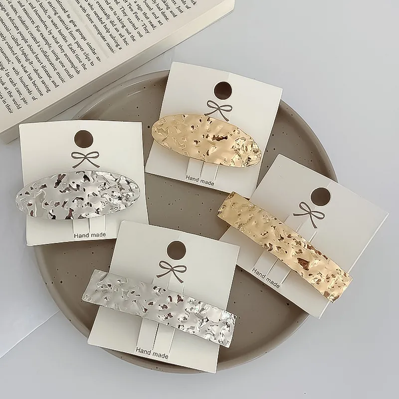 Hammered Metal Hair Clips Geometric Square Oval Barrette Minimalist Alloy Gold Silver Hairpins Fashion Accessory Women