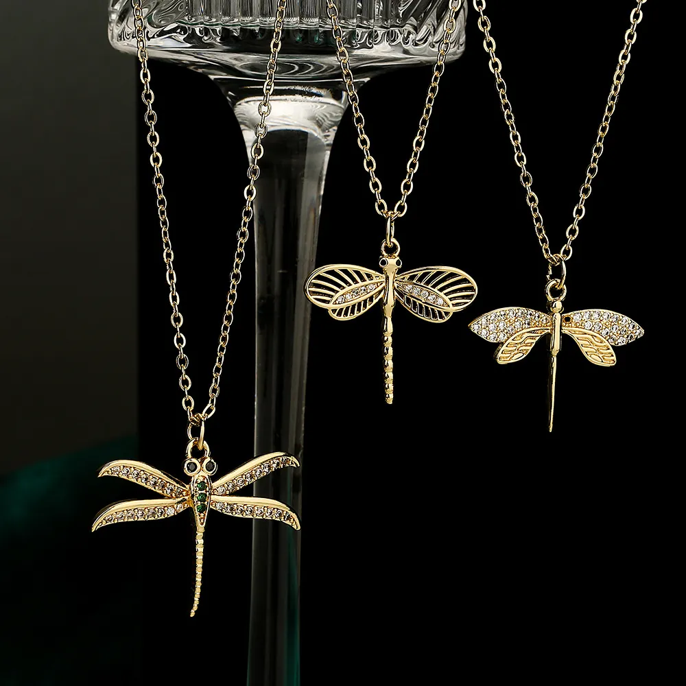 Dragonfly Pendant Necklace Copper 18K Gold Plated Zircon Hollow Insect Jewelry For Women Minimalist Elegant