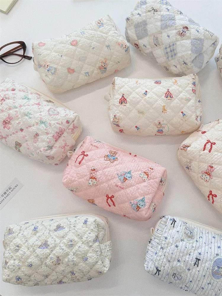 Borsa Per Trucco In Cotone Trapuntato Grande Capacità Portatile Pochette Cosmetica Cartone Animato Fodera In Popeline