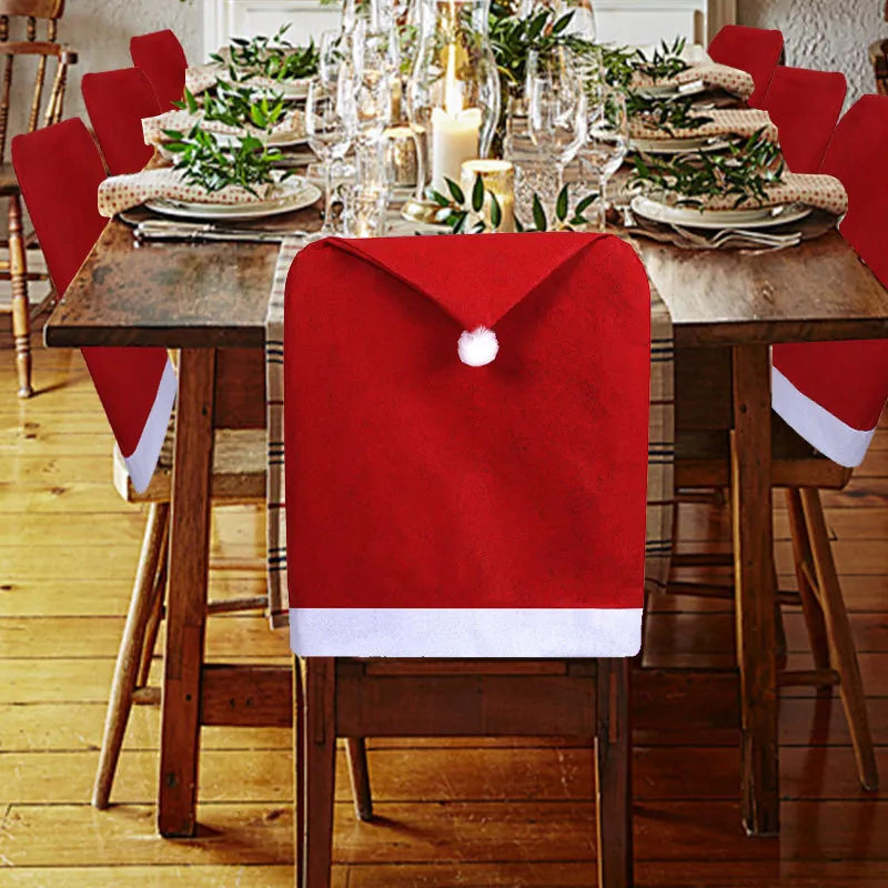 Housses Dossier Chaise Noël Tissu Non Tissé Forme Chapeau Père Noël Pompon Rouge Blanc Décoration Table Festive Nouveauté