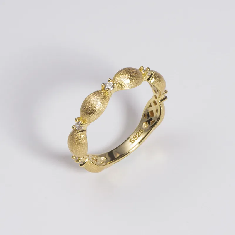 Minimalist S925 Sterling Silver Brushed Rice Grain Ring For Women Gold Plated Rhinestone Inlaid Fashion Finger Ring Jewelry