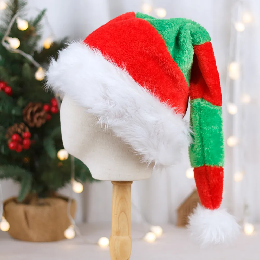 Long Red Green Striped Christmas Hat Plush Elf Hat With White Faux Fur Trim For Holiday Party Adults