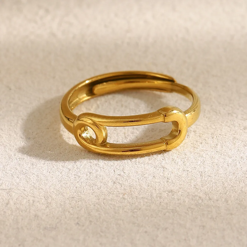 Safety Pin Open Ring 18K Gold Plated Stainless Steel Adjustable Minimalist Geometric Finger Jewelry For Women