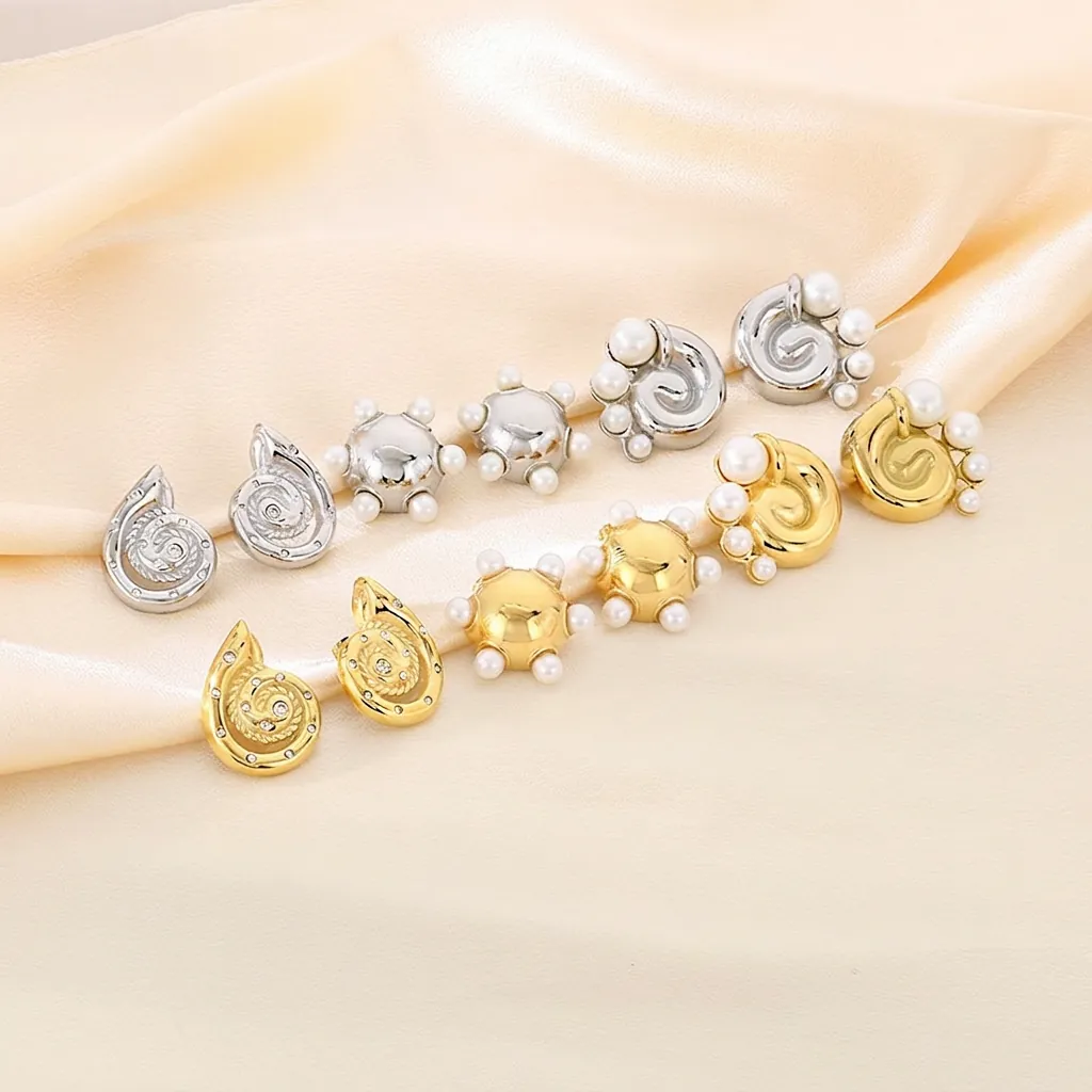 Vintage Spiral Künstliche Perlen Ohrstecker Geometrisch 18K Vergoldet Edelstahl Strass Schmuck Für Damen