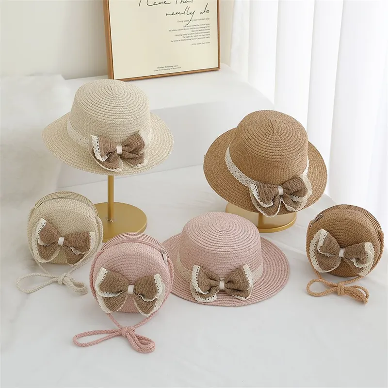 Chapeau De Paille Été Filles Plat Nœud Dentelle Décoratif Sac Bandoulière Assorti Plage Vacances Doux Pastoral Princesse
