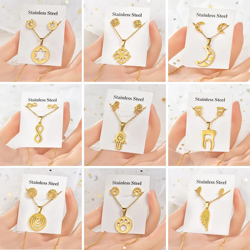 Collier Et Boucles D'oreilles En Acier Inoxydable Plaqué Or Main De Fatma Lune Infini Bijoux Femmes Hommes