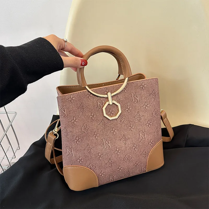 Vintage Monogram Bucket Bag For Women PU Leather Crossbody Handbag With Metal Ring Handle Versatile Shoulder Bag