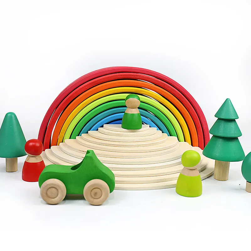 Wooden Rainbow Stacking Blocks Toy Montessori Arched Building Educational Activity For Toddlers