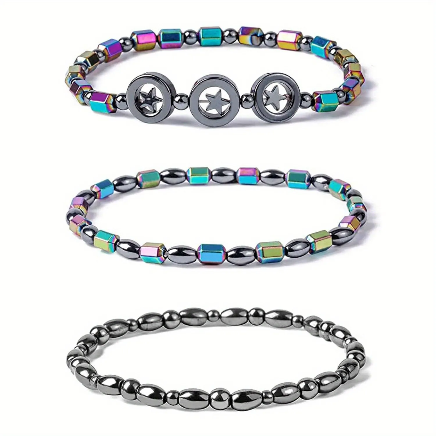 Magnetic Hematite Bracelet Anklet Rainbow Colorful Beaded Alloy Star Charms Stretch For Women
