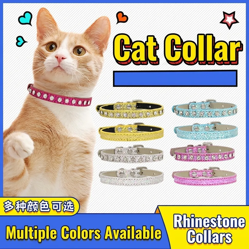 Glitter PU Leather Pet Collar With Sparkling Rhinestones Adjustable Metal Buckle For Cats And Small Dogs