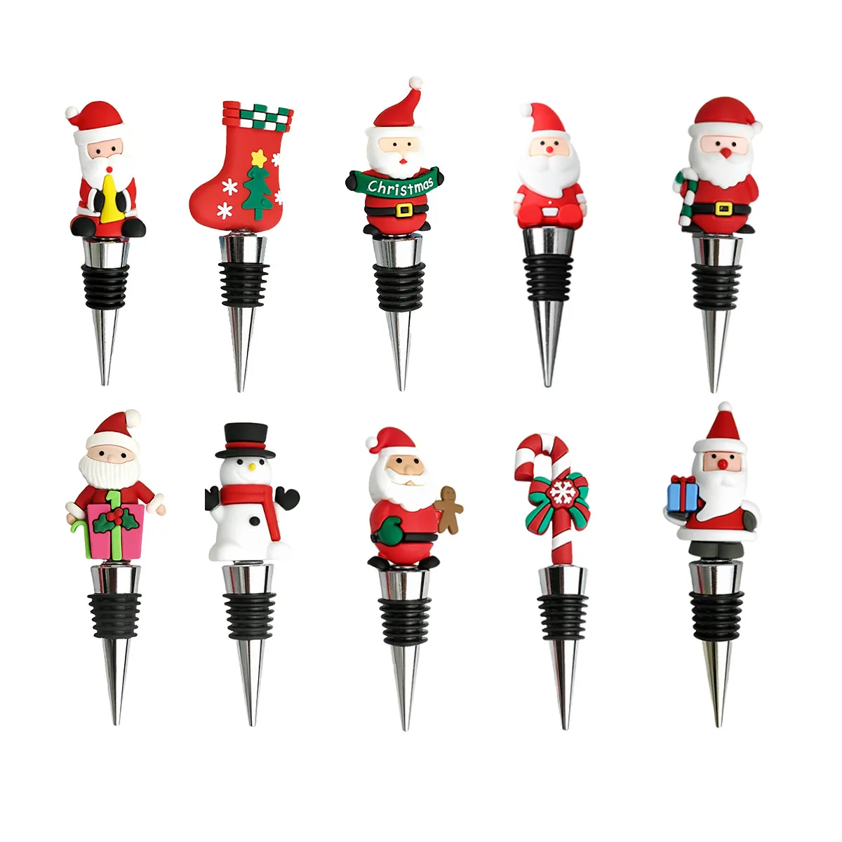 Christmas Wine Bottle Stopper PVC Silicone Metal Santa Claus Snowman Reusable Barware Holiday Party Gift