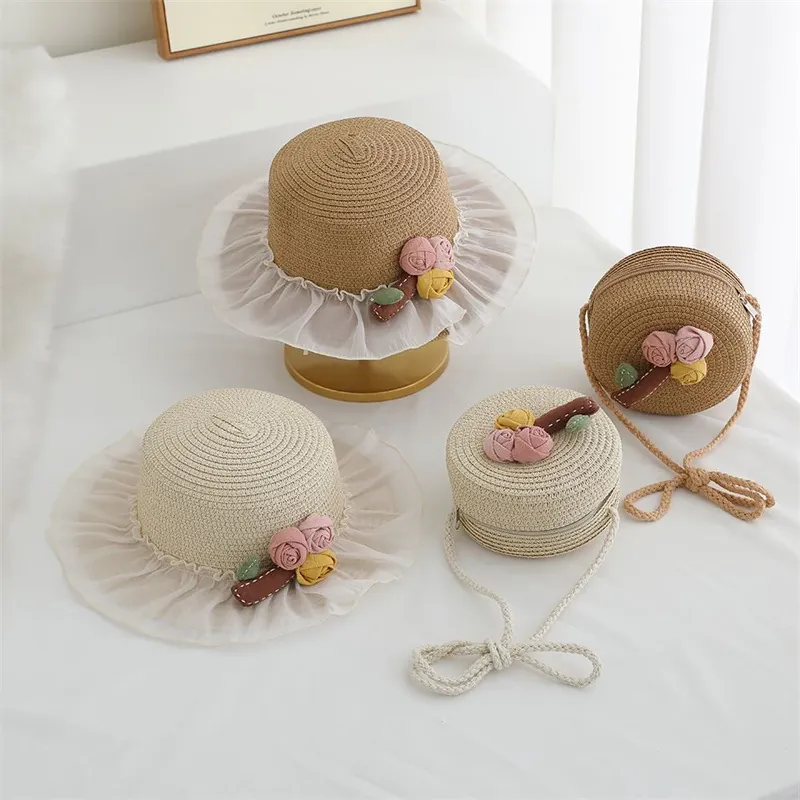 Kids Girls Straw Sun Hat And Crossbody Bag Lace Floral Summer Beach Sunshade Breathable Sweet Princess Style