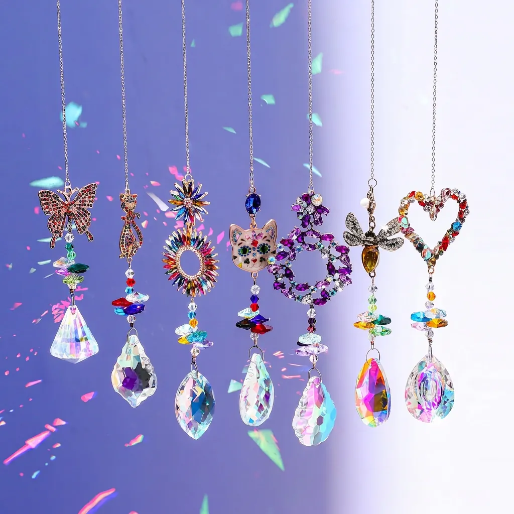 Crystal Suncatcher Hanging Ornament Rainbow Maker Prism Pendant For Window Garden Decoration Butterfly Heart Cat Rhinestone