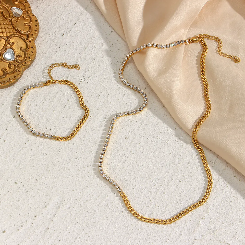 Fashion Stainless Steel Zirconia Patchwork Necklace And Bracelet For Women Golden Cuban Chain Pave Zirconia Jewelry