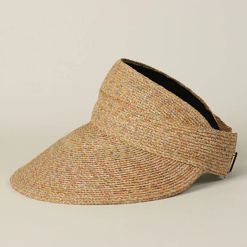 Handmade Colorful Raffia Visor Hat For Women Wide Brim Open Top Summer Sun Hat Foldable Packable Beach Travel Accessory