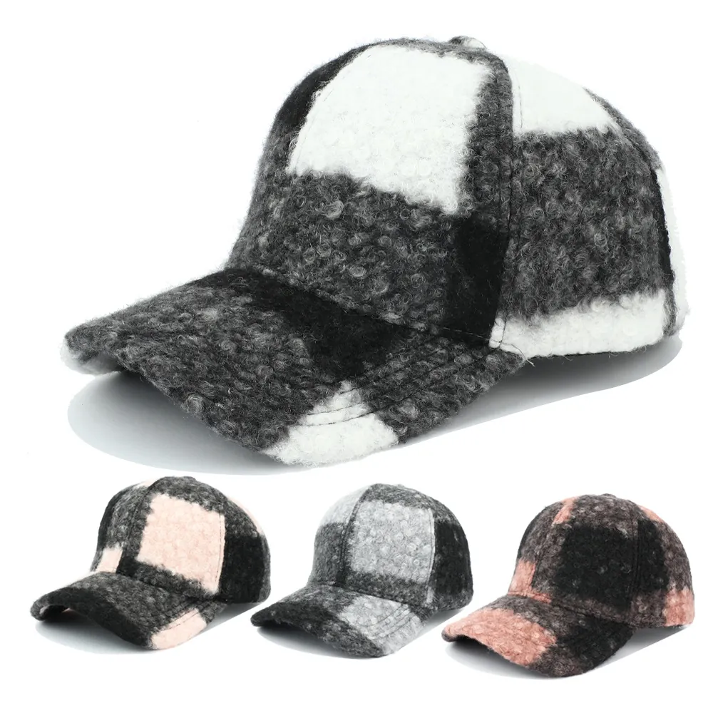 Cappello Da Baseball In Lana Di Agnello Sherpa Plaid A Quadri Caldo Berretto Invernale Antivento Regolabile Casual