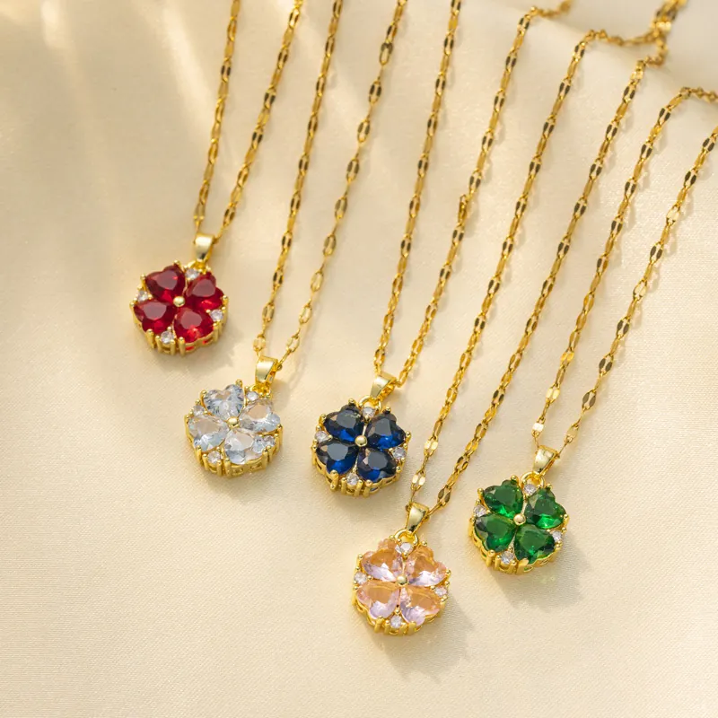 Titanium Steel Clover Pendant Necklace For Women Elegant Korean Fashion Colorful Rhinestone Inlaid Gold Plated Clavicle Chain Jewelry Gift