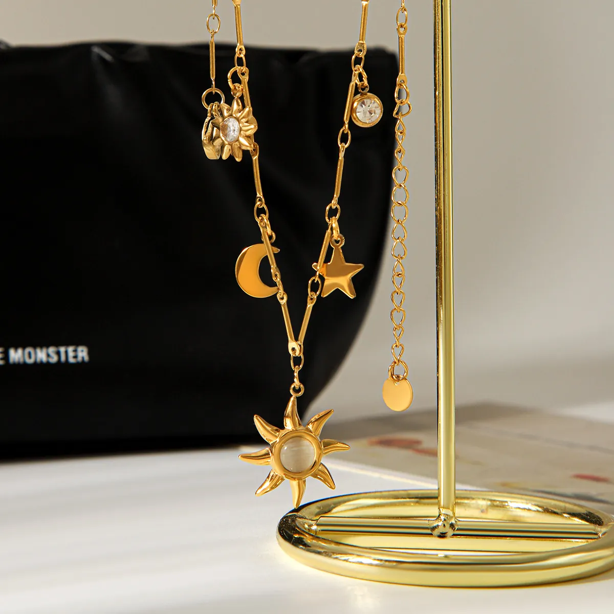 Collier Pendentif Soleil Lune Étoile Acier Inoxydable Plaqué Or Pierre De Lune Zircon Bijoux Célestes