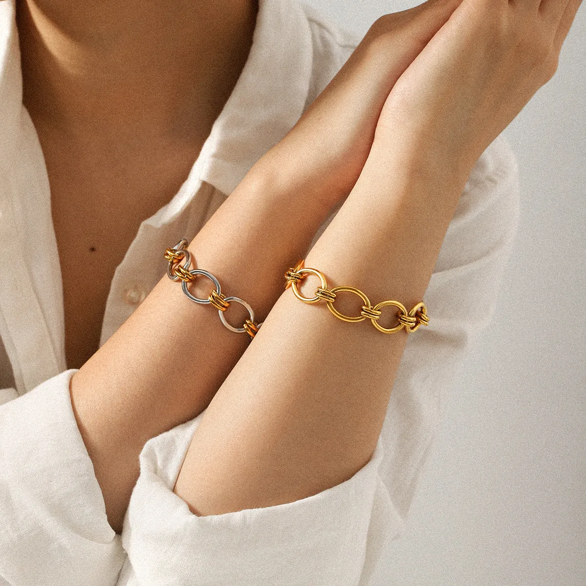 Bracelet Chaîne En Acier Inoxydable Bicolore Or Argent Gros Maillons Ovales Bijoux Luxe Minimalistes Pour Femmes