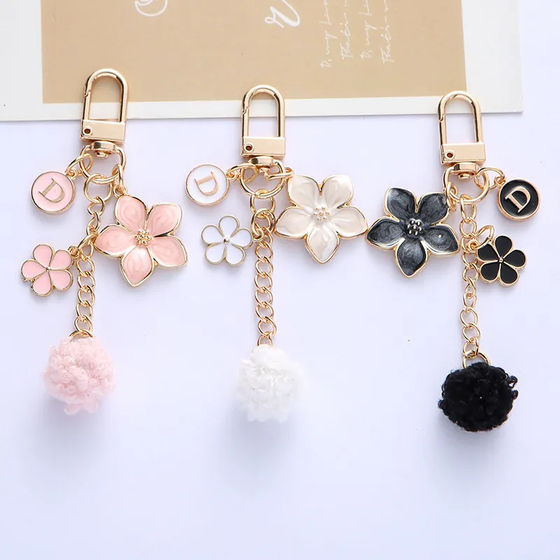Flower Pom Pom Keychain Zinc Alloy Enamel Letter D Pendant Bag Charm Elegant Floral Accessory For Handbag