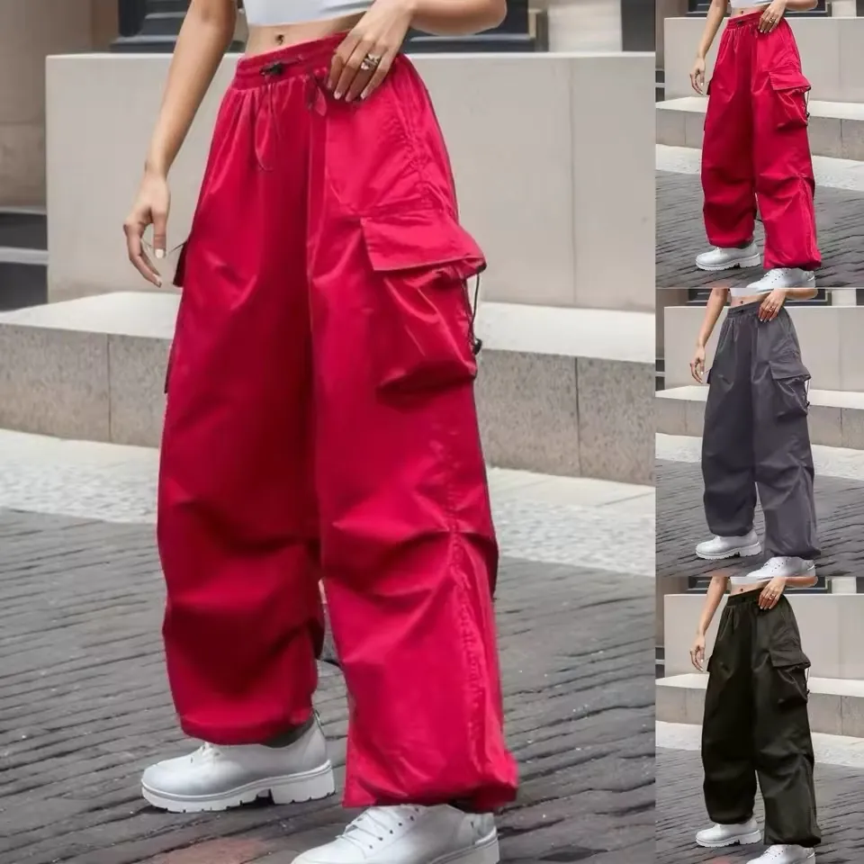 Women Cargo Pants Loose Straight Wide Leg Trousers High Street Streetwear Retro Multi Pockets Drawstring Polyester