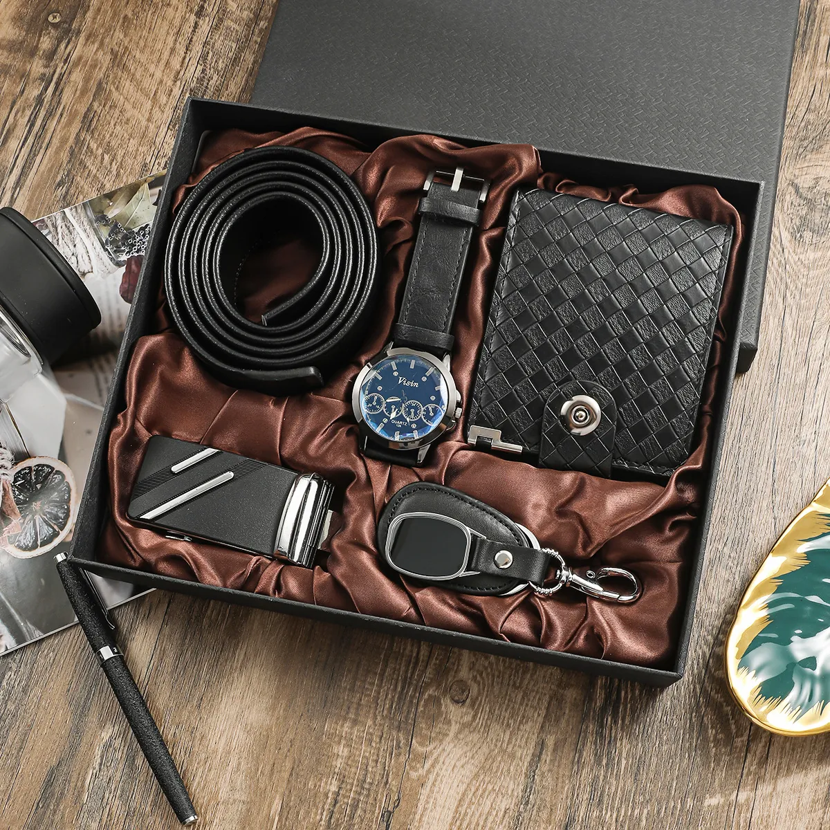 Men Business Gift Box Quartz Watch PU Leather Belt Wallet Keychain Classic Fashion Accessories For Father Husband