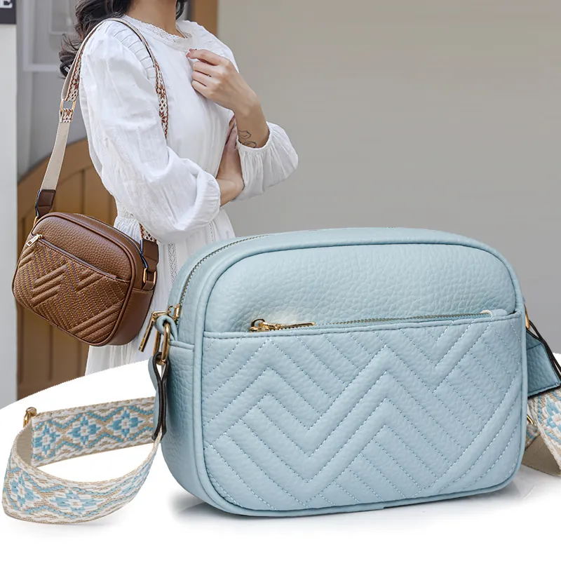 Borsa a Tracolla Trapuntata a Chevron da Donna in Pelle PU Retrò Piccola Borsa Quadrata Con Tracolla Larga Urban Fashion