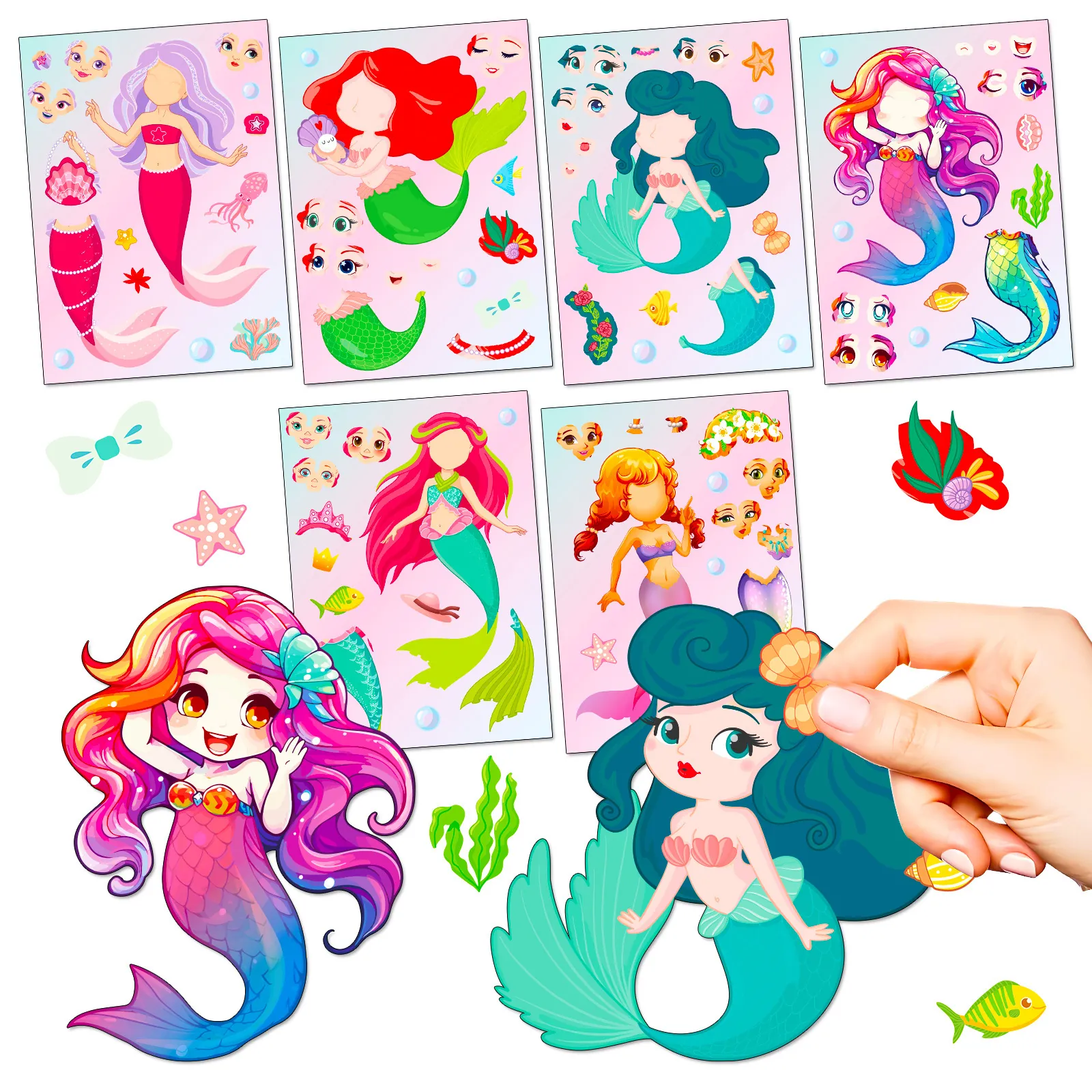 Mermaid Make A Face Sticker DIY Cartoon Princess Dress Up Waterproof Educational Toys For Kids Party Favors Novelty