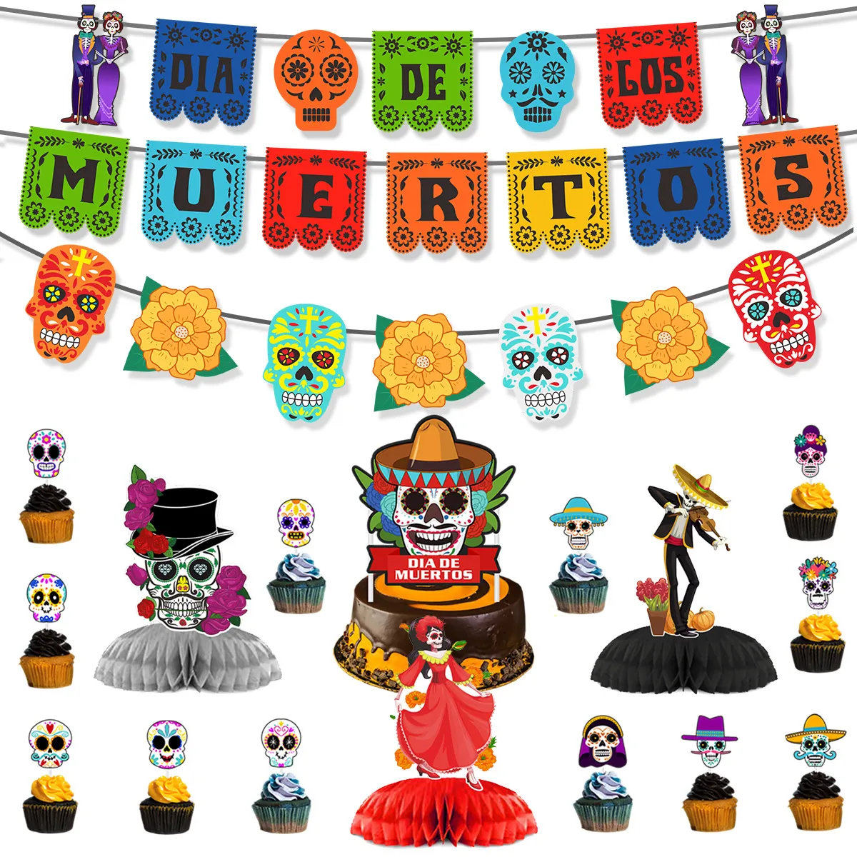 Mexican Day Of The Dead Party Decorations Set Dia De Los Muertos Banner Balloons Honeycomb Ornaments Sugar Skull Cake Toppers Festival Decor