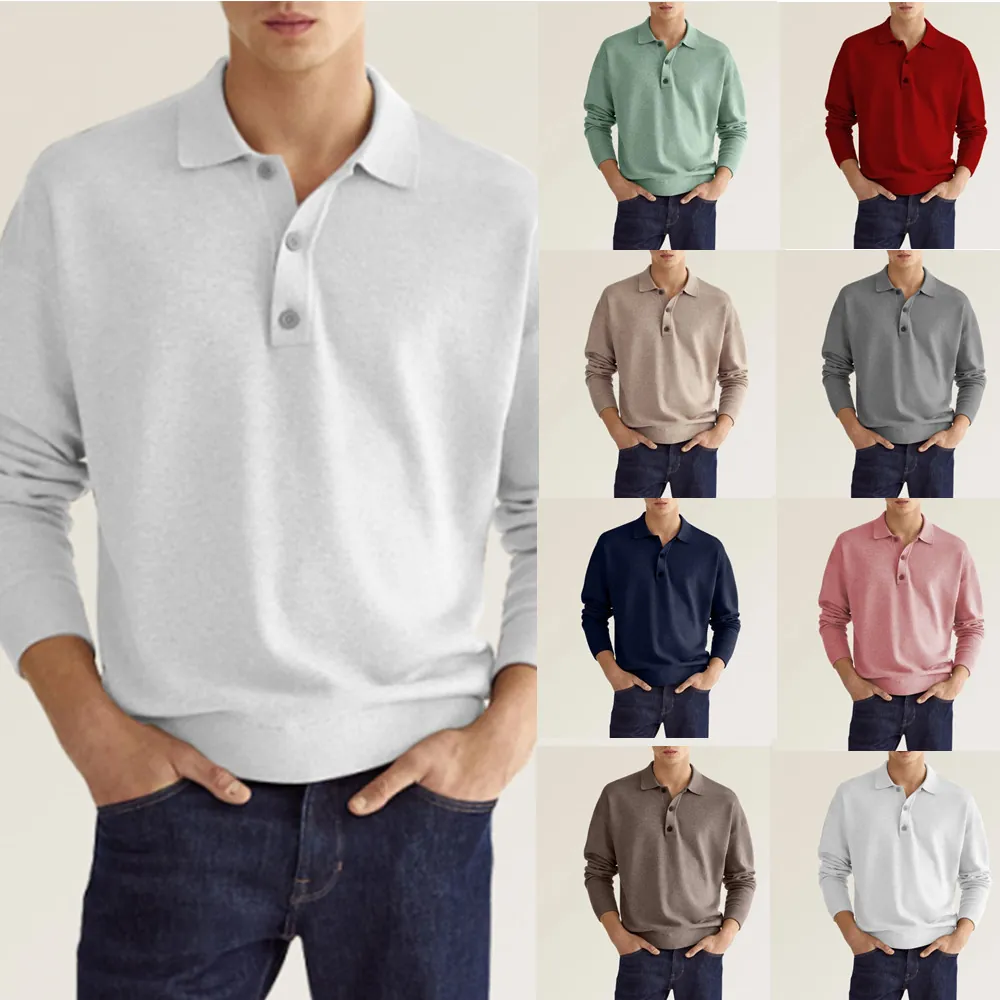 Men Long Sleeve Polo Shirt Knitted Casual Solid Color V Neck Button Down Top