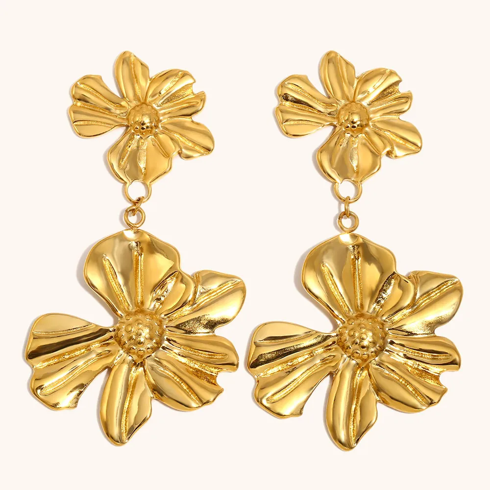 Double Flower Drop Earrings 18K Gold Plated Stainless Steel Statement Floral Spliced Textured Ear Jewelry For Women