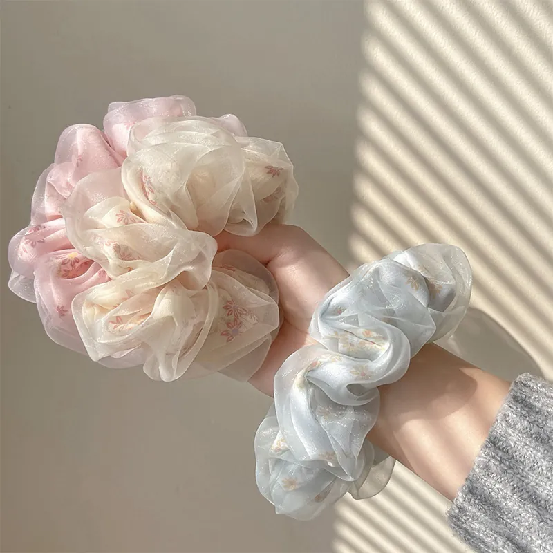 Floral Mesh Scrunchie Tulle Hair Tie Sweet Daisy Pattern Elastic Ponytail Holder For Women Girls