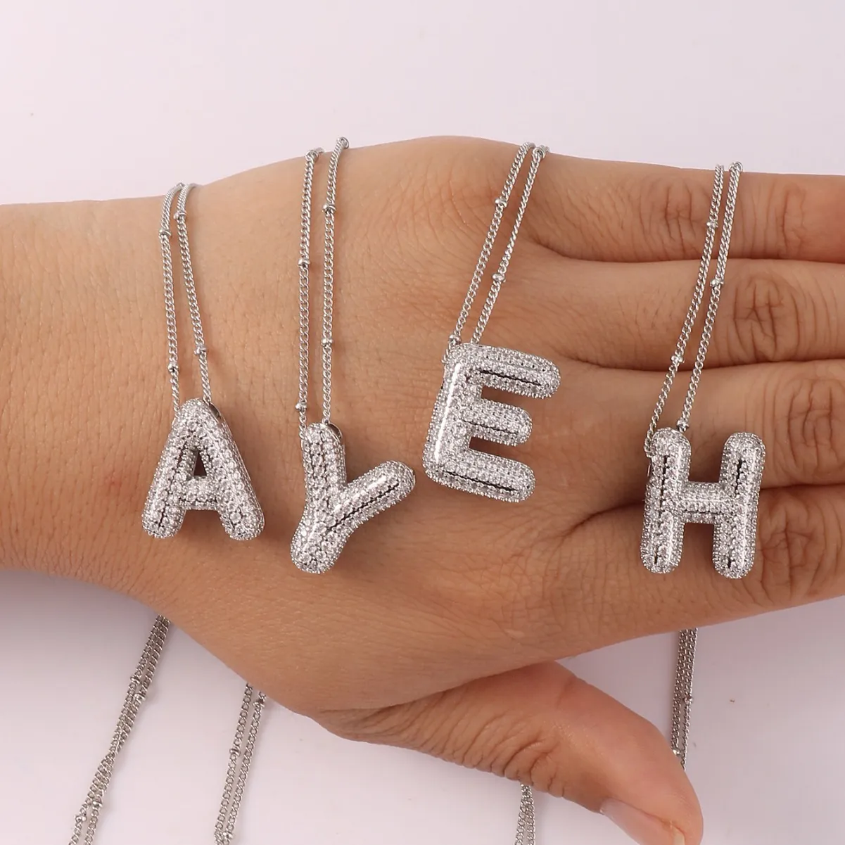 Initial Necklace Copper Micro Pave Cubic Zirconia Bubble Letters Balloon Pendant Fashion Jewelry For Women