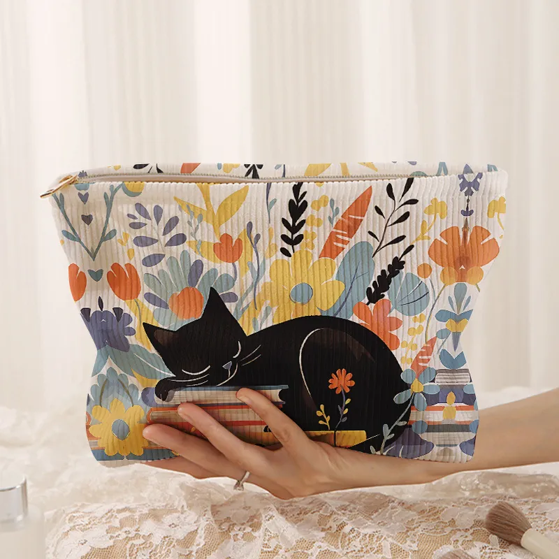Corduroy Cosmetic Bag With Black Cat And Floral Print Portable Makeup Pouch For Women Travel Toiletry Storage Organizer
