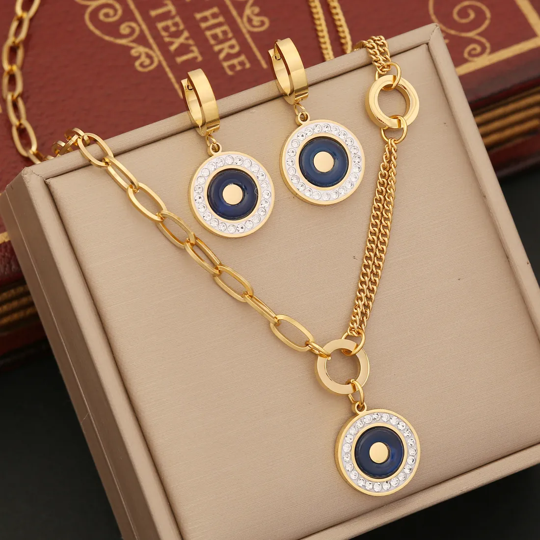 Collier Et Bracelet Pendentif Mauvais Œil Acier Inoxydable Émail Strass Charme Rond Chaîne Double Couche Bijoux Pour Femmes