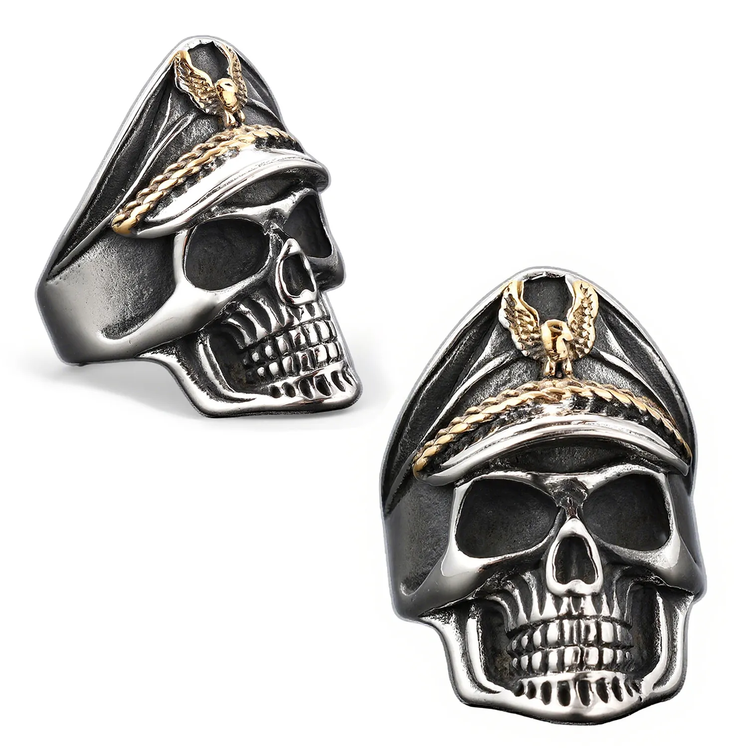 Punk Skull Ring With Military Officer Hat 316L Stainless Steel Gothic Biker Vintage Eagle Emblem Men Jewelry